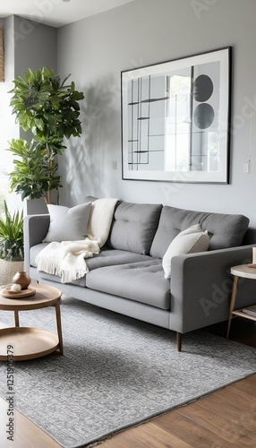 Obraz na płótnie living couch room modern gray cozy interior sofa living room modern living interior lounge armchair artwork black brown carpet chandelier comfortable couch cosy homely rug settee fern houseplant w salonie