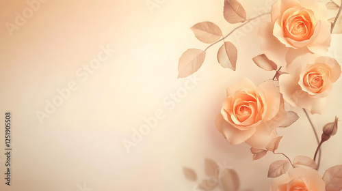 Fototapeta Naklejka Na Ścianę i Meble -  un fondo liso color pastel con espacio de copia con flores de rosas con hojas decorativas elegante para tarjeta de felicitacion o dia de la madre para boda o diseño de plantilla