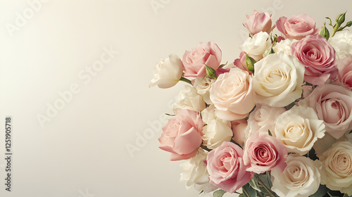 un diseño floral de un ramo de flores de rosas en tonos pastel elegante y sofisticado para boda o dia de la madre con un fondo con espacio de copia