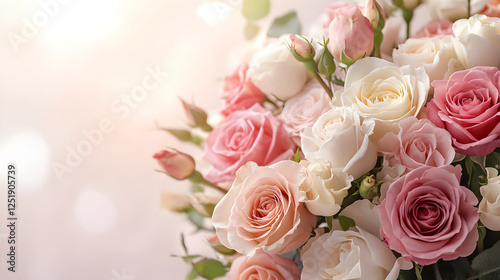 un diseño floral de un ramo de rosas de colores pastel en tonos claros diseño romantico decorativo para boda o dia de la madre con espacio de copia