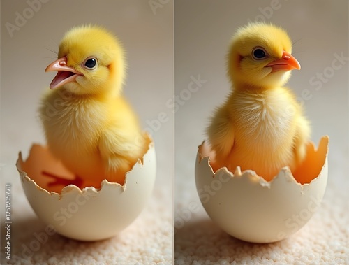 adorable baby chicks emerging from a cracked white egg, fluffy yellow newborn chicken hatching, cute farm animal portrait on a neutral background, baby bird breaking out of eggshell