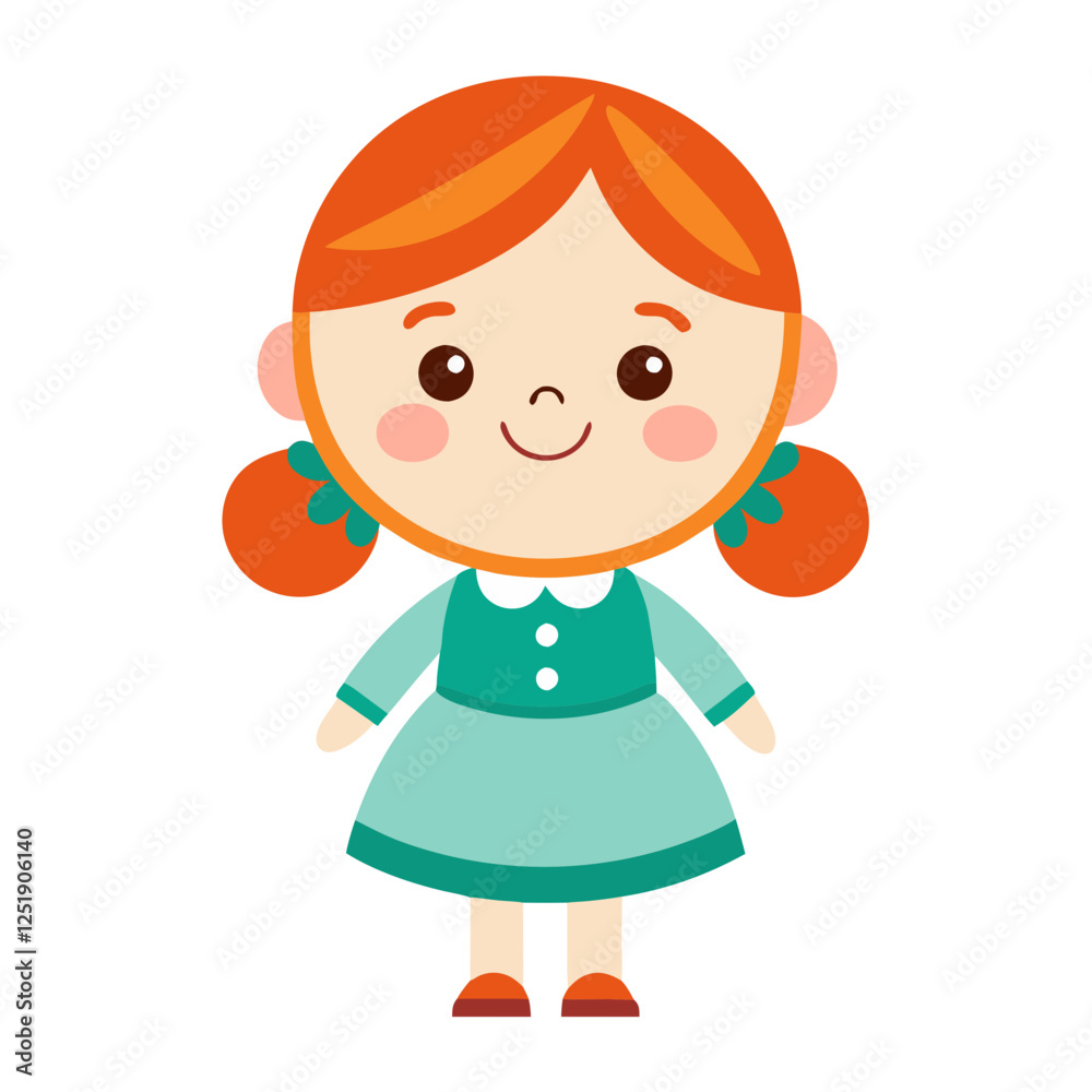 A cheerful doll toy stands smiling in a colorful dress, featuring red pigtails and bright facial expression, capturing the joy of childhood play A cheerful doll toy stands smiling in a colorful dress, featuring red pigtails and bright facial expression, capturing the joy of childhood play