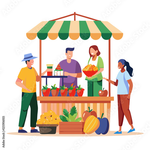 People are gathered at a farmer market stall, engaging with a vendor while choosing fresh fruits and vegetables on a bright, cheerful day