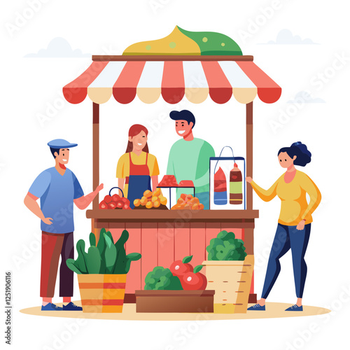 Brightly colored market stall showcases a variety of fresh fruits and vegetables as customers engage with friendly vendors in a lively outdoor environment