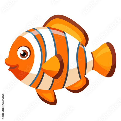 A cute striped clownfish happily glides through a coral reef, showcasing its bright orange and white colors under the sun's warm rays, highlighting the beauty of marine life