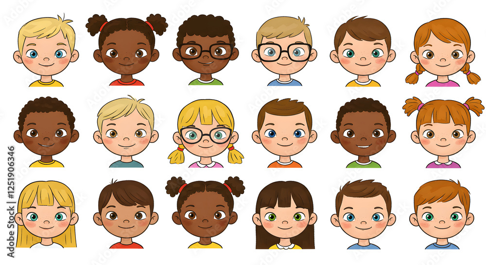 Cute Diverse Kids Cartoon Portraits generative AI Cute Diverse Kids Cartoon Portraits generative AI