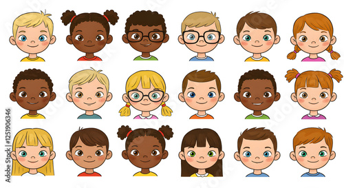 Cute Diverse Kids Cartoon Portraits generative AI