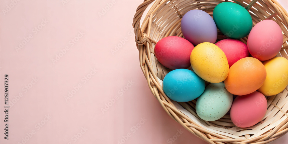 Basket of multicolored Easter eggs on pastel pink background symbolizing spring celebration Basket of multicolored Easter eggs on pastel pink background symbolizing spring celebration