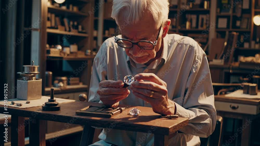 Elderly watchmaker with glasses carefully inspecting a timepiece with a magnifying glass in a vintage workshop Elderly watchmaker with glasses carefully inspecting a timepiece with a magnifying glass in a vintage workshop