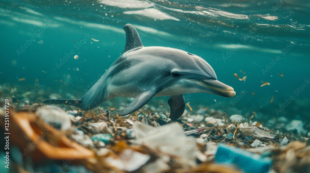 Fototapeta premium Dolphin swimming through ocean litter highlighting pollution