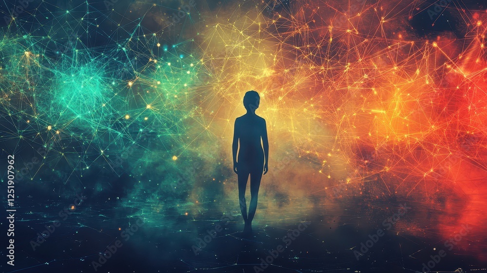 Woman stands before connected networks of light and energy Woman stands before connected networks of light and energy