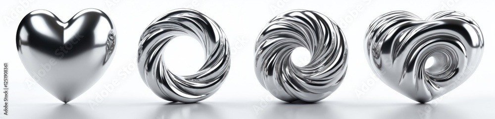 Photo shows row of metallic shapes heart and swirls, made of shiny chrome. Sleek silver polished iron forms. Futuristic design elements. Dynamic three-dimensional geometric figures with liquid curves. Photo shows row of metallic shapes heart and swirls, made of shiny chrome. Sleek silver polished iron forms. Futuristic design elements. Dynamic three-dimensional geometric figures with liquid curves.