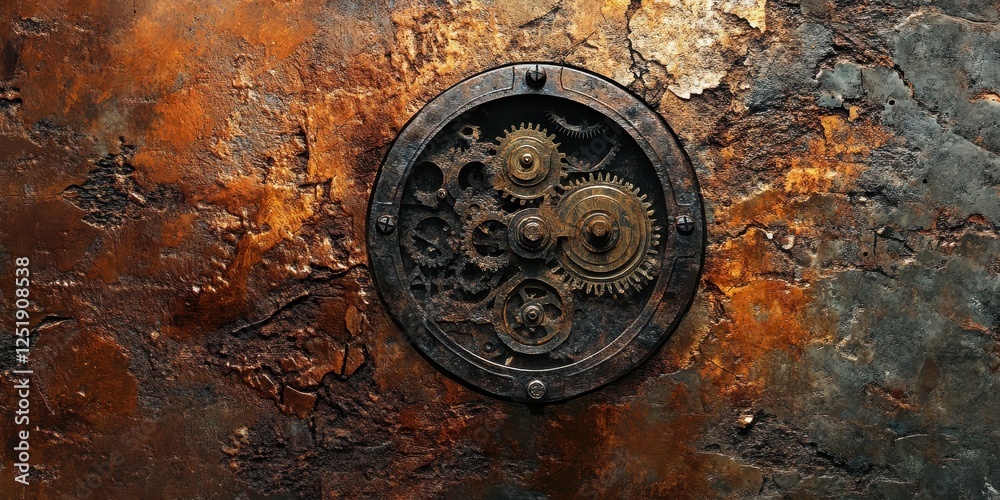 Intricate clockwork mechanism mounted on a heavily textured background Intricate clockwork mechanism mounted on a heavily textured background