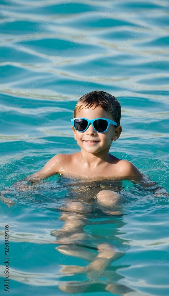 Naklejka premium child sea a swims sunglasses children sea summer beach fun happy vacation children girl sunglasses water holiday lifestyle leisure pool caucasian happiness sun people little joy travel blue childhood
