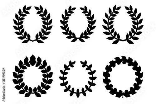 Set black silhouette circular laurel foliate, wheat and oak wreaths depicting an award, achievement, heraldry, nobility on white background