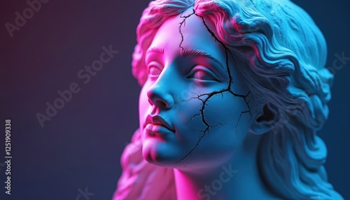 AI generated cracked marble head sculpture of classical style illuminated with pink, blue light. Broken female statue mental health, depression, concept of psychological issues, destruction, ruin.