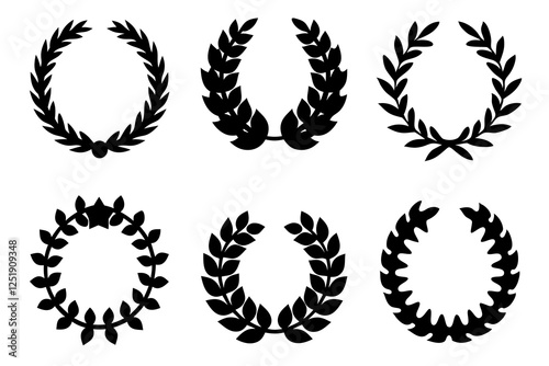 Set black silhouette circular laurel foliate, wheat and oak wreaths depicting an award, achievement, heraldry, nobility on white background