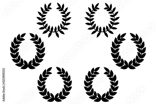 Set black silhouette circular laurel foliate, wheat and oak wreaths depicting an award, achievement, heraldry, nobility on white background