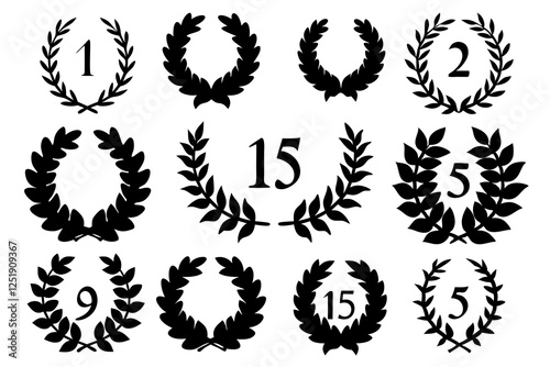 Set black silhouette circular laurel foliate, wheat and oak wreaths depicting an award, achievement, heraldry, nobility on white background