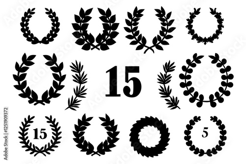 Set black silhouette circular laurel foliate, wheat and oak wreaths depicting an award, achievement, heraldry, nobility on white background