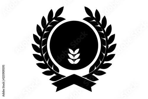 Set black silhouette circular laurel foliate, wheat and oak wreaths depicting an award, achievement, heraldry, nobility on white background