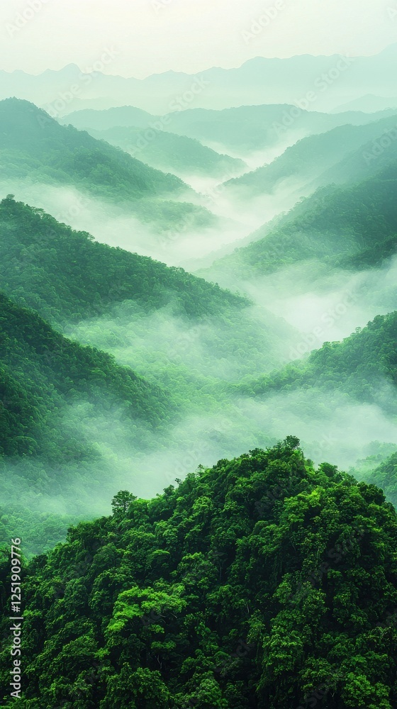 Obraz premium Serene misty valley landscape lush green mountains nature tranquil environment aerial view natural beauty