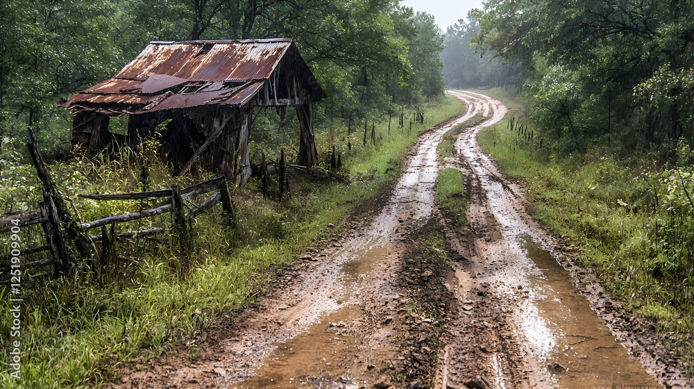 Rustic road, dilapidated shed, forest background, rural scene Rustic road, dilapidated shed, forest background, rural scene