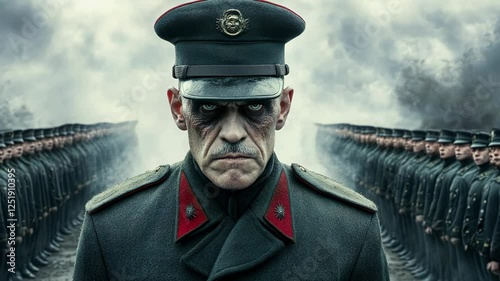 Military commander reviewing disciplined soldiers in formation, clouded sky overhead, conveying strict hierarchy and precise regimental protocol