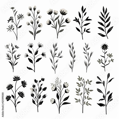 Clean design showcasing small white wildflowers and leaves against a white background in a two-tone boho cottagecore aesthetic perfect for nature-inspired decor