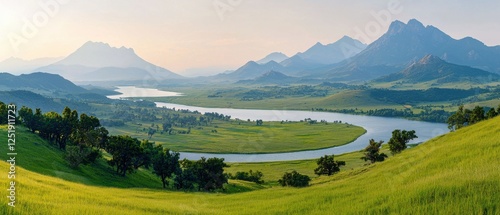 Scenic river valley landscape majestic mountains nature serene environment panoramic view tranquil beauty photo