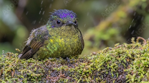 Wet hummingbird on mossy branch in rainforest photo