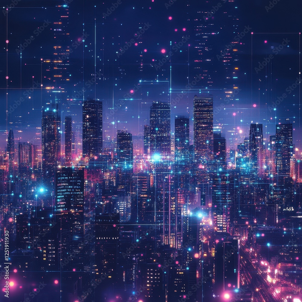 Fototapeta premium A digitally enhanced cityscape glows with vibrant lights at night