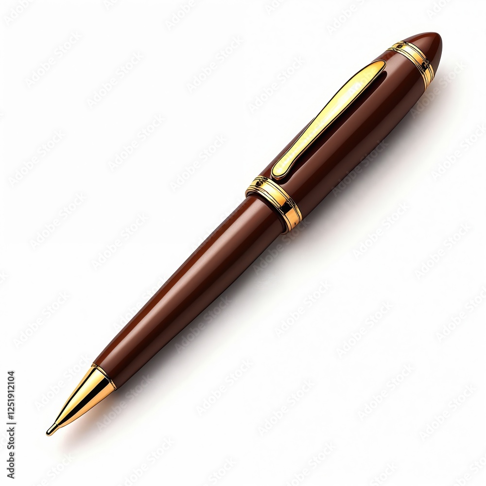 Close-up of luxurious brown ballpoint pen with gold accents on white background. Stylish stationery tool for office, business writing, pro signature, corporate document. Elegant executive accessory, Close-up of luxurious brown ballpoint pen with gold accents on white background. Stylish stationery tool for office, business writing, pro signature, corporate document. Elegant executive accessory,