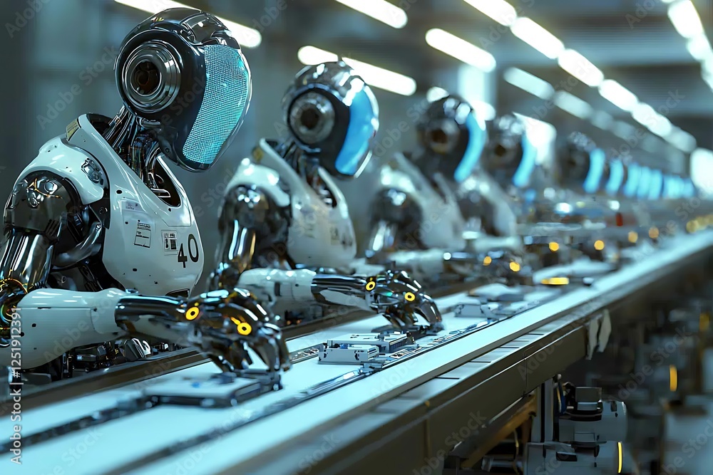 Fototapeta premium Group operators controlling an industry 40 product line in a modern factory, utilizing AI technology, SCADA systems, and digital interfaces for efficient assembly