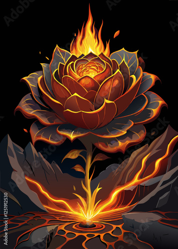 Enchanting Fire Rose Emerging from a Volcanic Landscape.