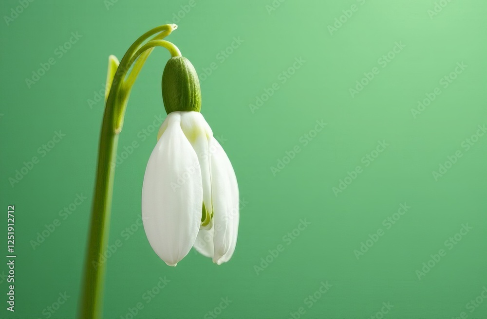 Obraz premium Close up of single spring flower - snowdrop on sage mint background. Horizontal concept of green shoots of spring rebirth of nature during seasonal transition