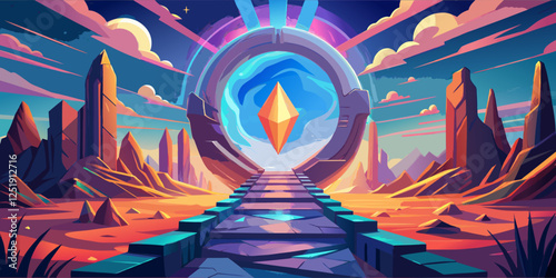 Science Fiction Scene with Crystal Gateway and Alien Planet Landscape.
