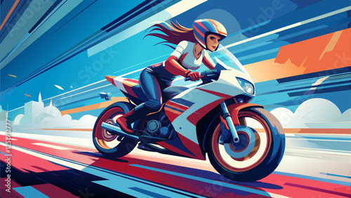 A fast-paced female motorcyclist racing on a sleek bike against a vibrant backdrop.