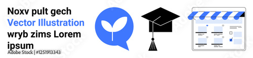 Plant inside chat bubble, black graduation cap, and online storefront. Ideal for environmental awareness, education, online business, digital marketing, communication, graduation and e-commerce