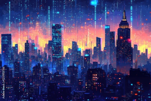 Wallpaper Mural Futuristic cityscape illuminated at night with streaming digital data Torontodigital.ca