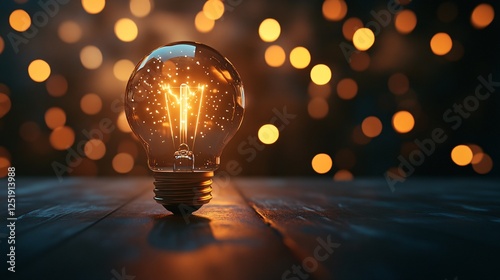 An artistic close-up of a glowing light bulb surrounded by warm bokeh, symbolizing creativity and inspiration in a visually captivating and engaging manner. photo