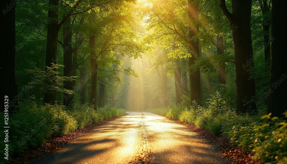 Obraz premium Sunlight piercing through trees on a serene forest road creating a magical ambiance