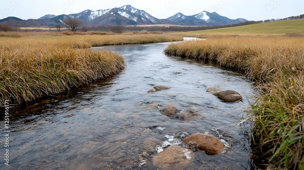 Calm river flowing through autumnal plains, snowy mountains backdrop; nature scene Calm river flowing through autumnal plains, snowy mountains backdrop; nature scene