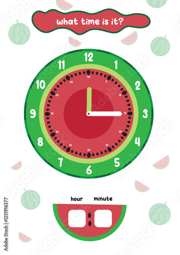 what time is it worksheet for kidergarten printable theme watermelon