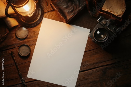 Vintage Photography Setup: Blank Paper, Antique Camera, and Oil Lamp on Rustic Wooden Table