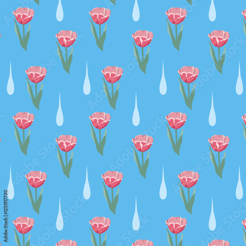 Pattern with beautiful pink tulip on blue background.eps