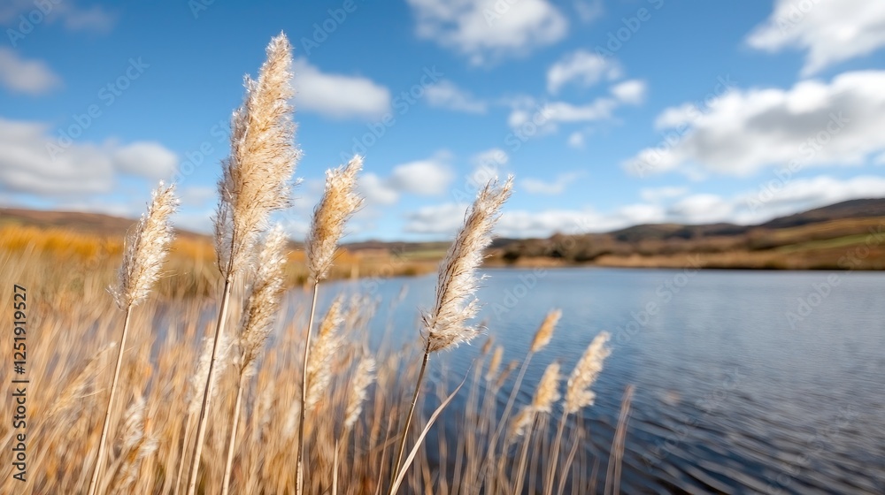 Fototapeta premium Autumn reeds by lake, hills background, nature scene