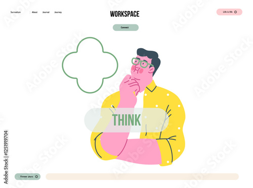 Thinking people, modern flat vector concept illustration- man standing thoughtfully, looking upwards, bubble near his head Metaphor for reflection, analysis, introspection, contemplation, deep thought