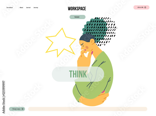 Thinking people, modern flat vector concept illustration- woman standing thoughtfully, looking down, bubble near head Metaphor for reflection, analysis, introspection, contemplation, deep thought