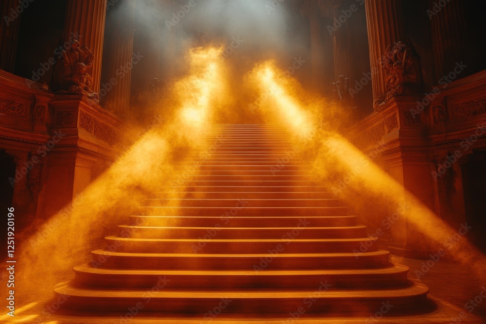 A grand staircase illuminated by dramatic lighting and smoke effects.